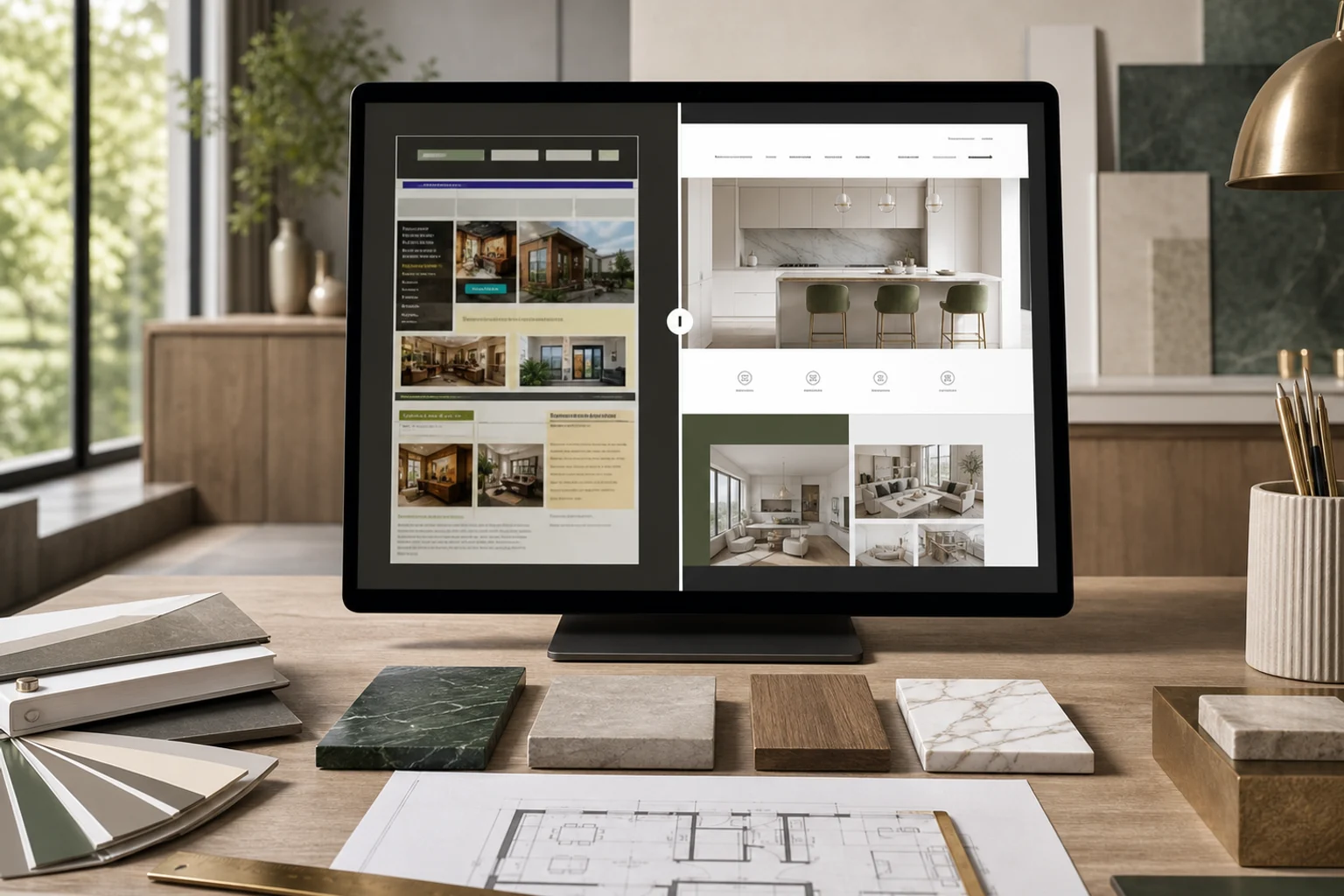 Mockup avant après d'une refonte UI/UX de site vitrine pour une entreprise de rénovation.