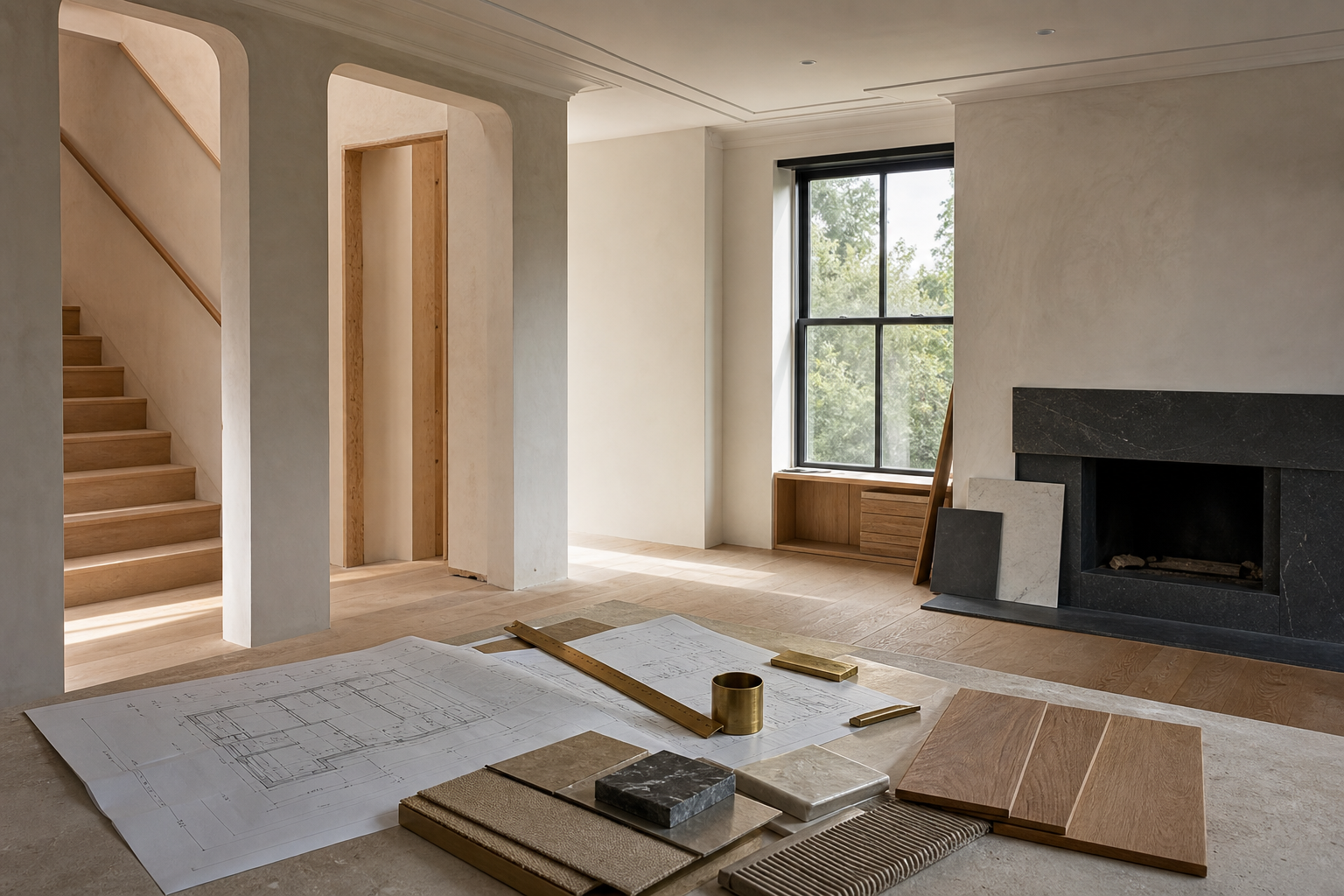 Renovated interior with plans, material samples, oak flooring, plaster walls, and brass tools.